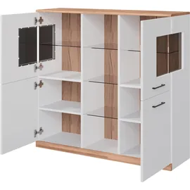 OTTO home Highboard OTTO HOME "Ribe,120cm breit,112cm hoch,Oberplatte massiv,12 Fächer", weiß (weiß, kernbuche), B:120cm H:112cm T:35cm, Sideboards, Highboard, Oberplatte Massivholz,schwarze Metall Griffe,2 Türen mit Glaseinsatz