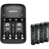 Absina Akku Ladegerät Set X4 für AA, AAA & 9V - Akkuladegerät inkl. 4x AAA 1150 Akkus - NiMH Ladegerät Akkus