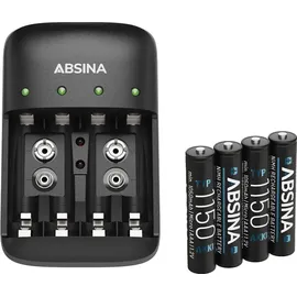 Absina Akku Ladegerät Set X4 für AA, AAA & 9V - Akkuladegerät inkl. 4x AAA 1150 Akkus - NiMH Ladegerät Akkus