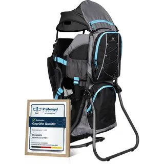 Dromader Kraxe Kindertrage bis 22kg - Baby Rückentrage Wandern mit Sonnendach Regenschutz - Babytrage Outdoor Trekking mit Thermotasche Wickelmatte - Einhändig klappbarer Aluminiumrahmen Schwarz Blau