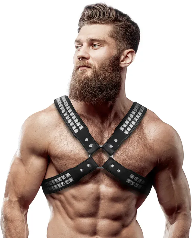 FETISH SUBMISSIVE ATTITUDE Herren-Halsband aus Kunstleder mit gekreuzter Brust & Nieten