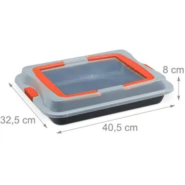 Relaxdays Backblech mit Deckel, 3 in 1 Kuchen Transportbox, BxT 40,5 x 32,5 cm, Backform, Transporthaube, schwarz/rot