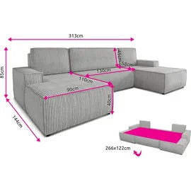 Sofnet Wohnlandschaft mit Schlaffunktion Totti - U-Form Couch, Schlafsofa mit Bettkasten, Couchgranitur mit Bettfunktion, Big Sofa, Cord Stoff, Wohnzimmer... Rosa