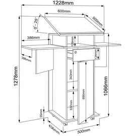 VCM Holz mobiles Rednerpult Maße ca. H. 107 bis 128 cm x B. 60 bis 123 cm x T. 44 cm rollbar mit Schublade Stehpult Stehtisch mit Tür - Salia