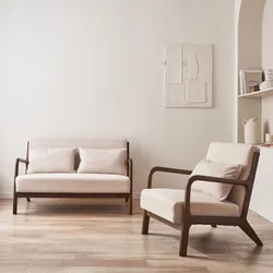 2-Sitzer Sofa + Sessel, Bezug beige, Hevea-Holz hell gebeizt - Lorenz