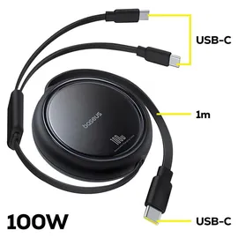Baseus Mirror, 2-in-1 einziehbares Kabel, USB-C - 2x USB-C, 100W PD, 1m, Schwarz