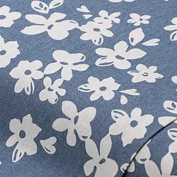 Leichter Jeansstoff (Hemdenjeans) "Blumen", jeansblau/weiß