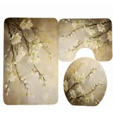 badezimmerteppich Set Beige Braune Blume Badezimmermatte WC Teppich Dekoration Schnell Trocknend Badgarnitur 3 Teilig Stand WC Deckelbezug Badvorleger rutschfest Waschbar 50x80 cm