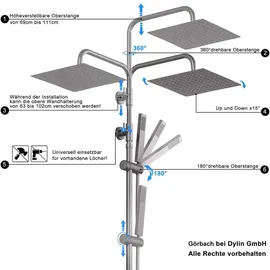 dylin gmbh Duschsystem mit Thermostat Gunmetal Grau 25x25cm
