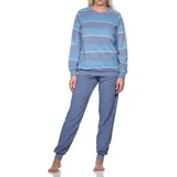 Normann Pyjama Damen Frottee Schlafanzug mit Bündchen in elegantem Streifendesign blau 44-46