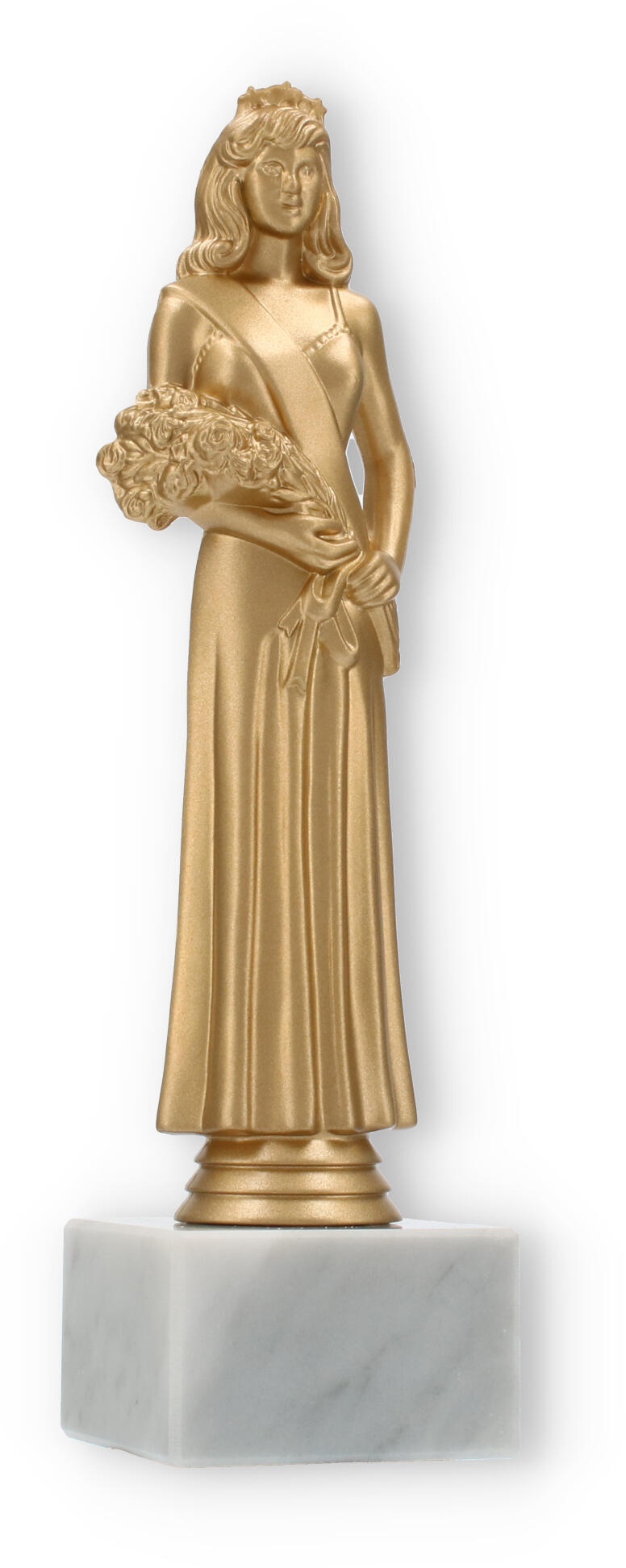 Pokal Kunststofffigur Schönheitskönigin goldmetallic auf weißem Marmorsockel 24,7cm