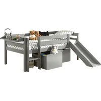 Vipack Hochbett Pino mit Rutsche 90 x 200 cm inkl. Rollrost und Rollboxen Kiefer massiv grau lackiert