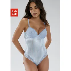 Body S.OLIVER "Amelie", Damen, Gr. 85, Cup A, blau (hellblau), Spitze, Netz, Obermaterial: 60% Polyamid, 35% Polyester, 5% Elasthan, sexy, figurbetont, herzförmiger Ausschnitt, ohne Ärmel, Bodies Body Dessous, im modischen Streifen-Look, sexy Dessous