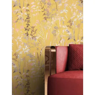 Newroom Vliestapete, Gelb Tapete Floral Blumen - Blumentapete Beige Koralle Romantisch Modern Blätter Zweige für Wohnzimmer Schlafzimmer Küche, Blumentapete, modern gelb