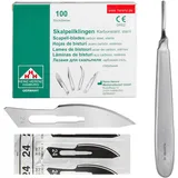 Set - 100 Stück sterile Skalpellklingen Figur 24 aus Karbonstahl - Ersatzklingen + 1 x Shehadeh - Skalpell-Halter mit 13,5 cm langem und bauchigen Griff - Edelstahl