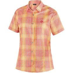 Funktionsbluse MAIER SPORTS "Philina", Damen, Gr. 48, rot (hellrot), 85% Polyester, 15% Viscose, Kurzarm, Blusen, Karierte Kurzarm-Bluse für Wandern, Reisen und Freizeit