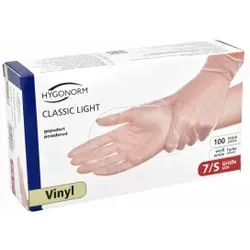 Hygonorm® Vinylhandschuhe Classic Light, gepudert, transparent, Einweghandschuh ist nur für Kontakt mit nicht-fettenden Lebensmitteln geeignet, 1 Packung = 100 Stück, Größe S