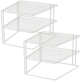 Wellgro Quantio WELLGRO 2er Set Schrankregal Weiß – 2-Etagiges Metalltellerregal für Schrank und Vorrat – Platzsparender Küchenorganizer, stapelbar, 25x25x20 cm