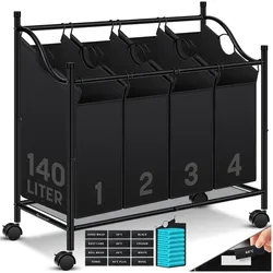 KESSER® Wäschekorb Wäschesammler Wäschesortierer mit abnehmbaren Stofftaschen   Wäschebox mit 12 Waschhinweisen 360° Rollen mit Bremse Wäsche-Sortiersystem Wäschewagen