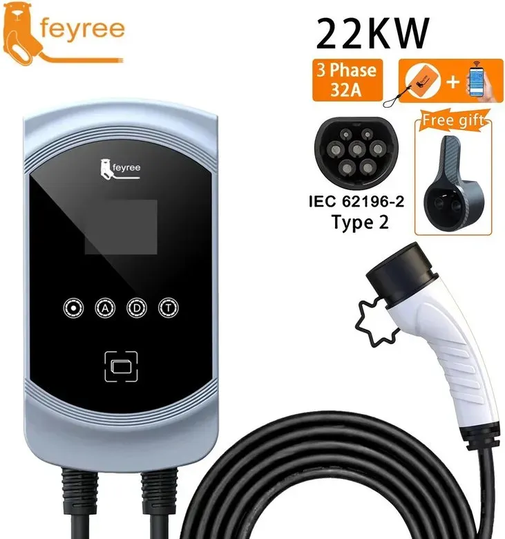 feyree EV-Ladegerät 32A, 22kW, 3-Phasen, Elektrofahrzeug-Autoladegerät (EVSE), Wallbox, Typ 2-Kabel, IEC 62196-2-Stecker, APP-Steuerung