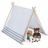 Relaxdays Tipi Zelt für Kinder, mit Fenster, Kinderzimmer Zelt, Wigwam Kinderzelt, HxBxT: 92 x 92 x 120 cm, weiß-grau