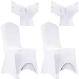 Hazrcvr Stuhlhussen Hochzeit 2 Stück Stuhlhusse Weiss Hochzeit Stretch Stuhlüberzug Husse Stuhlschutz Stuhlhussen im Schleifenband Elastik Stuhl Abdeckung Weiße Spandex Stuhlhussen mit Schleifen