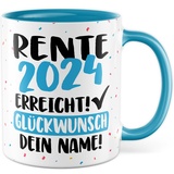 Tasse personalisiert Rente Geschenk Rente 2024 geschafft - Glückwunsch dein Name Geschenkidee Kaffee-Becher Kaffeetasse Tasse mit Spruch personalisierbar eigener Name Schulabschluss