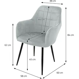 ECD Germany 6er Set Esszimmerstühle mit Rücken- und Armlehnen Grau mit Samtbezug, Polsterstühle mit Metallbeinen, Ergonomische Stühle für Esstisch, Wohnzimmerstühle Esszimmerstuhl