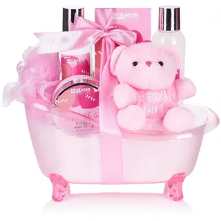 Brubaker Cosmetics 7-teiliges Baby Geschenkset Mädchen - Geschenk für Neugeborene Babyparty Mädchen - Babypflege Set mit Wanne und Plüschbär - Baby Geschenk Rosa