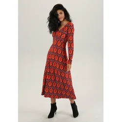 Midikleid, mit Smok-Einsätzen und Retro-Druck, Gr. 42 - N-Gr, dunkelrot-schwarz-blau-rot, , 22363757-42 N-Gr