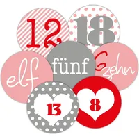 Frau WUNDERVoll® 48 Adventskalenderzahlen AUFKLEBER rosa-rot, Durchmesser 4 cm