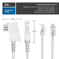 CSL - Internet Kabel Routerkabel - TAE-F Stecker auf RJ45 Stecker - 10m - Internetkabel - Router an die Telefondose, TAE - weiß