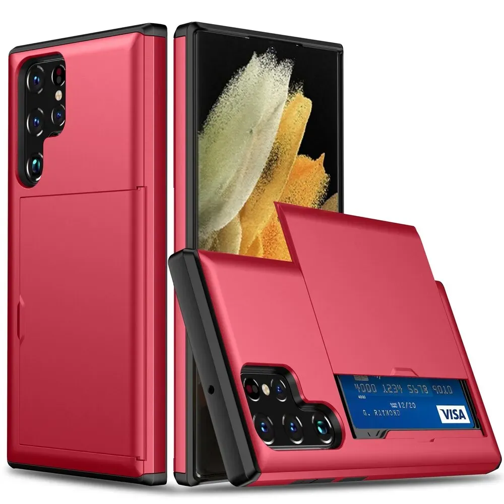Schutzhülle für Samsung Galaxy S22 Ultra Rot Handyhülle Schutztasche Case Cover Tasche Transparent Smartphone Bumper (Kartensteckplatz-Kreditkarte-Geldscheine)