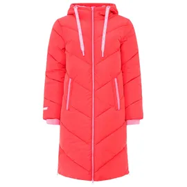 Zwillingsherz Steppjacke "Good Vibes Only", Damen, Gr. L, rot, Steppware, Obermaterial: 100% Polyester, mehrfarbig, normal ca. Mitte Knie, ohne Ausschnitt, angesetztes Bündchen, Jacken Steppjacke, mit Kapuze, Backprint und bedrucktem Zugband