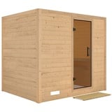 Woodfeeling Karibu Sauna Sonara - Massivholzsauna mit Fronteinstieg 40 mm-Ohne Ofen-ohne Dachkranz-Ganzglastür in Graphit-Optik inkl. 8-teiligem gratis Zubehörpaket (Gesamtwert 191,92€)