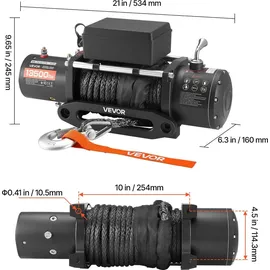 Vevor Elektrische Seilwinde, 6100 kg, 12 V DC Elektrowinde mit 26 m Synthetikseil, kabellose & kabelgebundene Fernbedienung, IP55, zum Abschleppen von Geländewagen, Jeeps, Anhängern &Booten