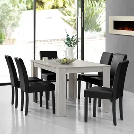 [en.casa] Esstisch Eiche weiß mit 6 Stühlen schwarz Kunstleder gepolstert 140x90 Essgruppe Esszimmer - Schwarz