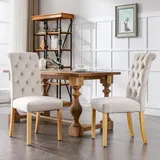 Samt Esszimmerstühle 2er Set Mit Eichenbeinen, Knopf, Chromklopfer Schlafzimmerstuhl Küchenstuhl Wohnzimmer Lounge Freizeitstuhl, Beige