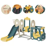 Rutaqian Indoor-Rutsche 4-in-1 Kinder Rutsche und Schaukel Set für Kleinkinder 3-8 Jahre, (Kinderrutschenset Extra großer Indoor- und Outdoor-Spielplatz, inklusive Bus, Rutsche, Trittleiter), Basketballkorb und passendem Basketball grün