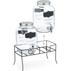 Relaxdays Getränkespender mit Ständer, 2er Set, Limobehälter 4L, Zapfhahn und Deckel, Wasserspender, Glas, transparent - Transparent