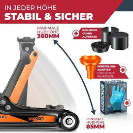 Masko MASKO® Wagenheber hydraulisch Flache Hubhöhe 2x Gummiauflage + Handschuhe KFZ Rangierwagenheber hydraulischer 360° Rollen Heber Unterstellbock