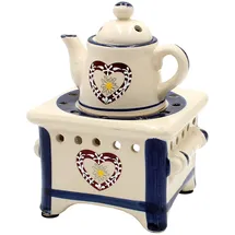 Dekohelden24 Duftlampe als Herd mit Kanne und Herz, blau/Aromalampe/Duftlicht/Duftstövchen, L/B/H: ca. 12 x 12 x 17 cm