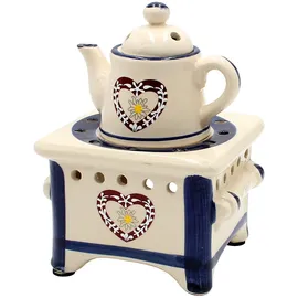 Dekohelden24 Duftlampe als Herd mit Kanne und Herz, blau/Aromalampe/Duftlicht/Duftstövchen, L/B/H: ca. 12 x 12 x 17 cm