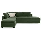 luma-home Ecksofa-Dauerschläfer, Doppelbett 306/223/95 cm Boxspring Federkern Ecksofa 306x223 Dauerschläfer, Bettkasten, Nachtkonsole, Schwenkteil beidseitig montierbar, Cord Grün / 15164