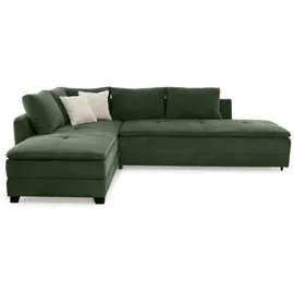 luma-home Ecksofa-Dauerschläfer, Doppelbett 306/223/95 cm Boxspring Federkern Ecksofa 306x223 Dauerschläfer, Bettkasten, Nachtkonsole, Schwenkteil beidseitig montierbar, Cord Grün / 15164