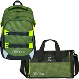 Neoxx Schulrucksack »All about Neon Rucksack & Sporttasche«, Reflektorflächen, aus recycelten PET-Flaschen grün