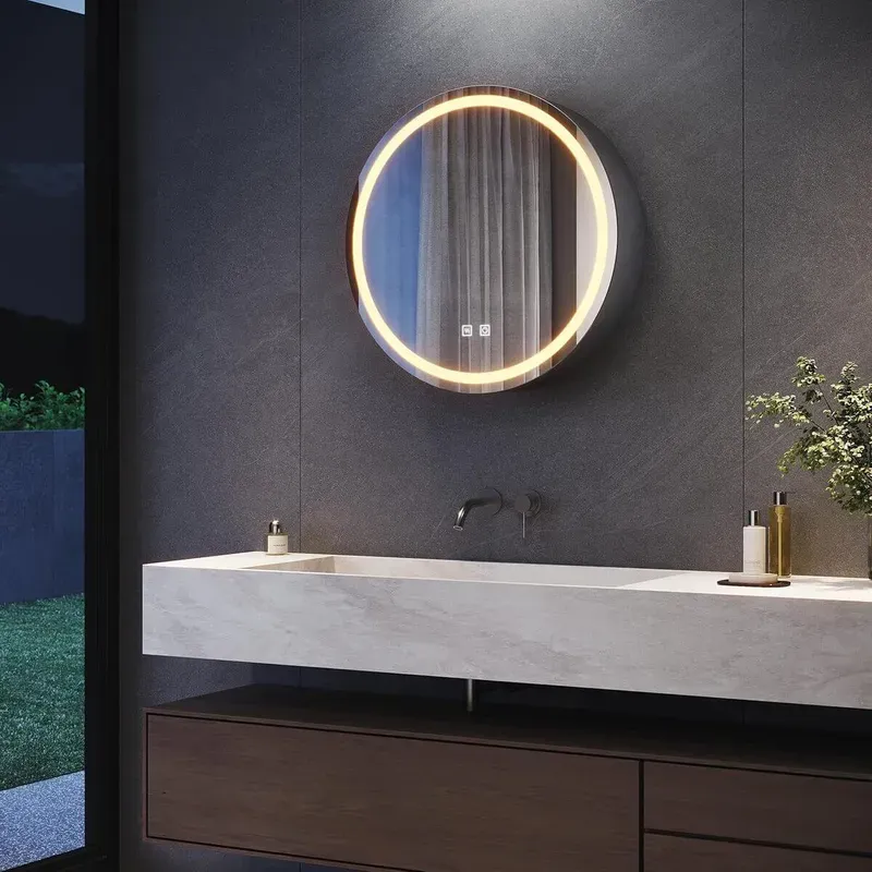 SONNI LED-Badspiegel mit Schrankfunktion, 3-farbig dimmbares Anti-Beschlag-Spiegelglas, runder Spiegel mit Steckdose, Ablageböden, Medizinschrank, 60x60 cm