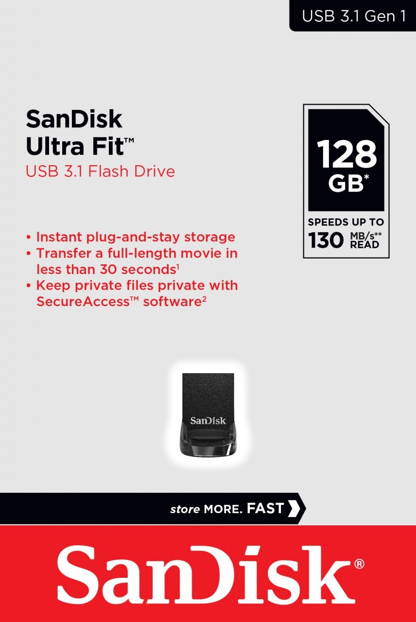 Sandisk USB 3.1 Stick 128GB, Ultra Fit Typ-A, (R) 130MB/s, (W) 60MB/s, Retail-Blister