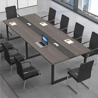 CCUKTFN Großer Konferenztisch, Moderner Besprechungstisch mit Kabelkanal und Schwarzem Metallrahmen für 8–12 Personen, Rechteckiger Seminar-Tisch für Büro, Konferenzraum