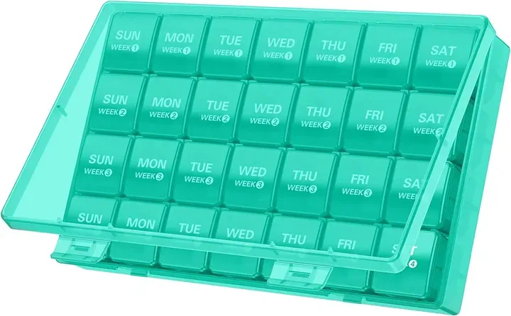 VVM Monatlicher Pillen-Organizer 28-Tage-Pillenbox, Große Medikamenten-Pillenbox für 4 Wochen, Einmonatige Pillenbox Reise-Pillen-Organizer mit staubdichter Behälter für Pillen/Vitamine/Nahrungsergänzungsmittel, Cyan, 1 Stück